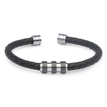 Herrearmring  i sort Læder og Stål